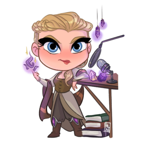 A pale blond person leans on a standing desk with a podcast microphone, books at their feet and purple flames at their fingertips. They are dressed in a generic fantasy outfit in shades of brown, with a brown shawl draped over their arms.