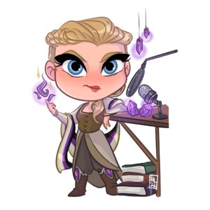A pale blond person leans on a standing desk with a podcast microphone, books at their feet and purple flames at their fingertips. They are dressed in a generic fantasy outfit in shades of brown, with a shawl of nonbinary flag colors draped over their arms.